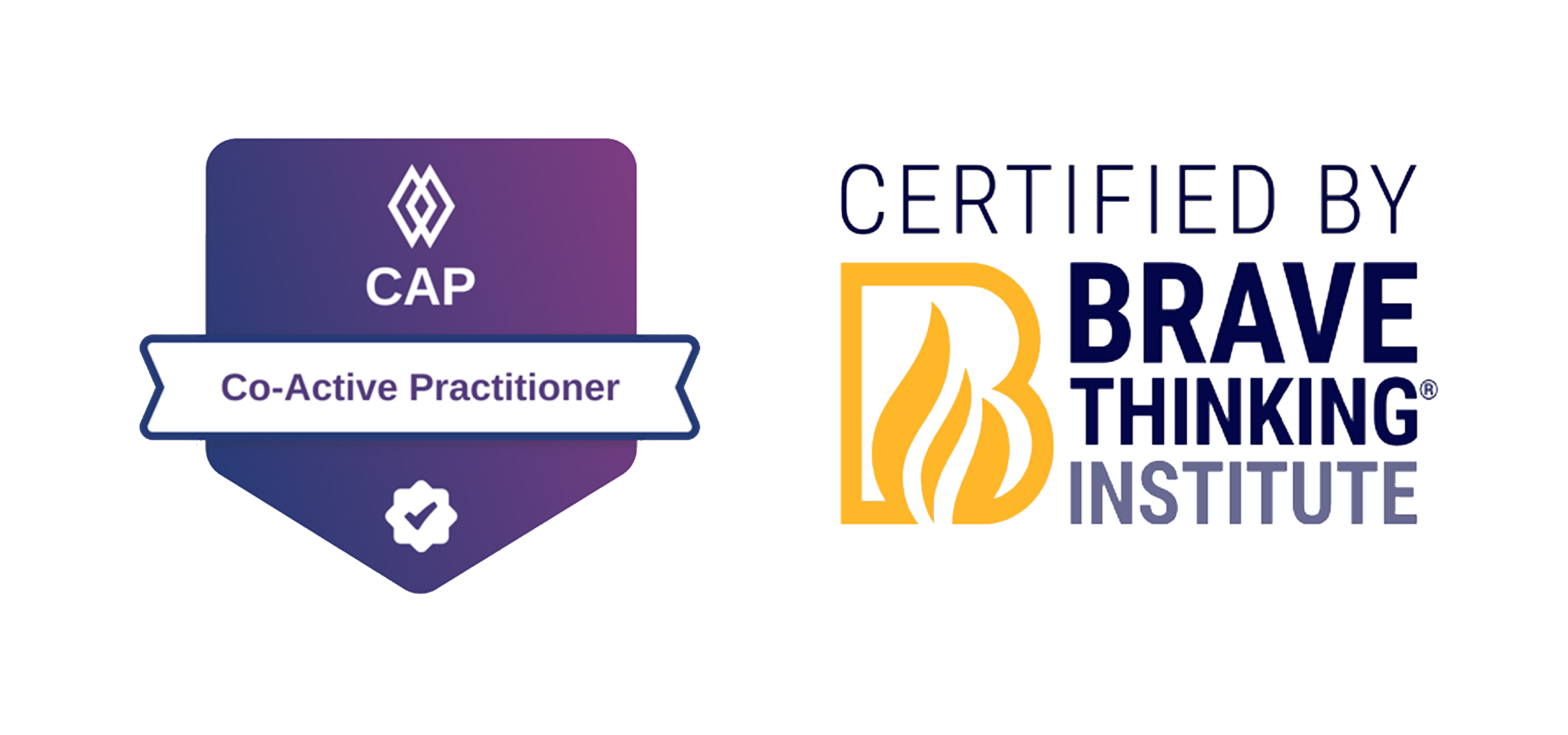 Co-Active Practitioner (CAP) certification badge and Certified by Brave Thinking Institute logo